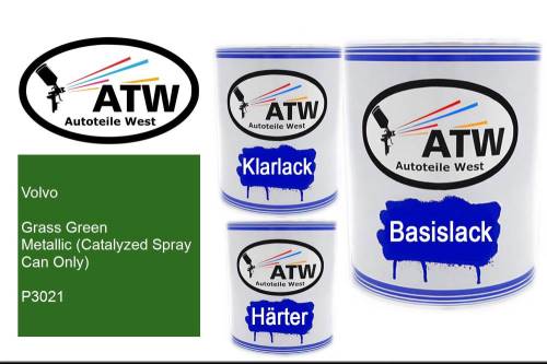Volvo, Grass Green Metallic (Catalyzed Spray Can Only), P3021: 1L Lackdose + 1L Klarlack + 500ml Härter - Set, von ATW Autoteile West.